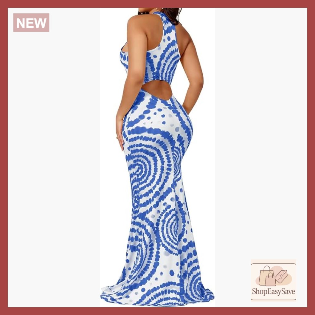 Sexy Halter Maxi Dress Backless Bodycon Tie Dye Beach Vacation Sundress